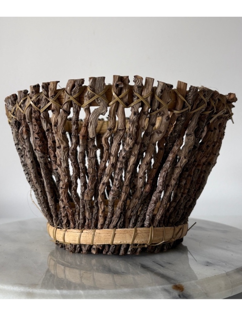Primitive Coco Twig Branch Handmade Basket Rustic Farmhouse Cabin Country